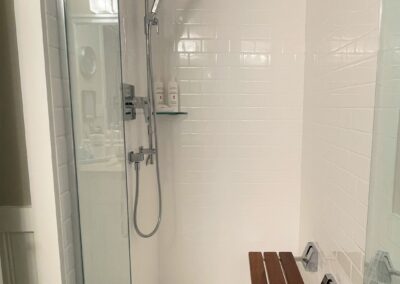 Groutless tile in subway pattern and a 10 ml pivot door