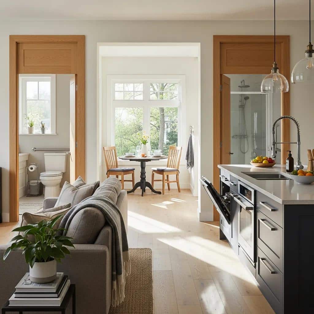 Modern kitchen design featuring wide doorways for accessibility, showcasing a cozy living area with a sofa, dining space with round table, and bright natural light.