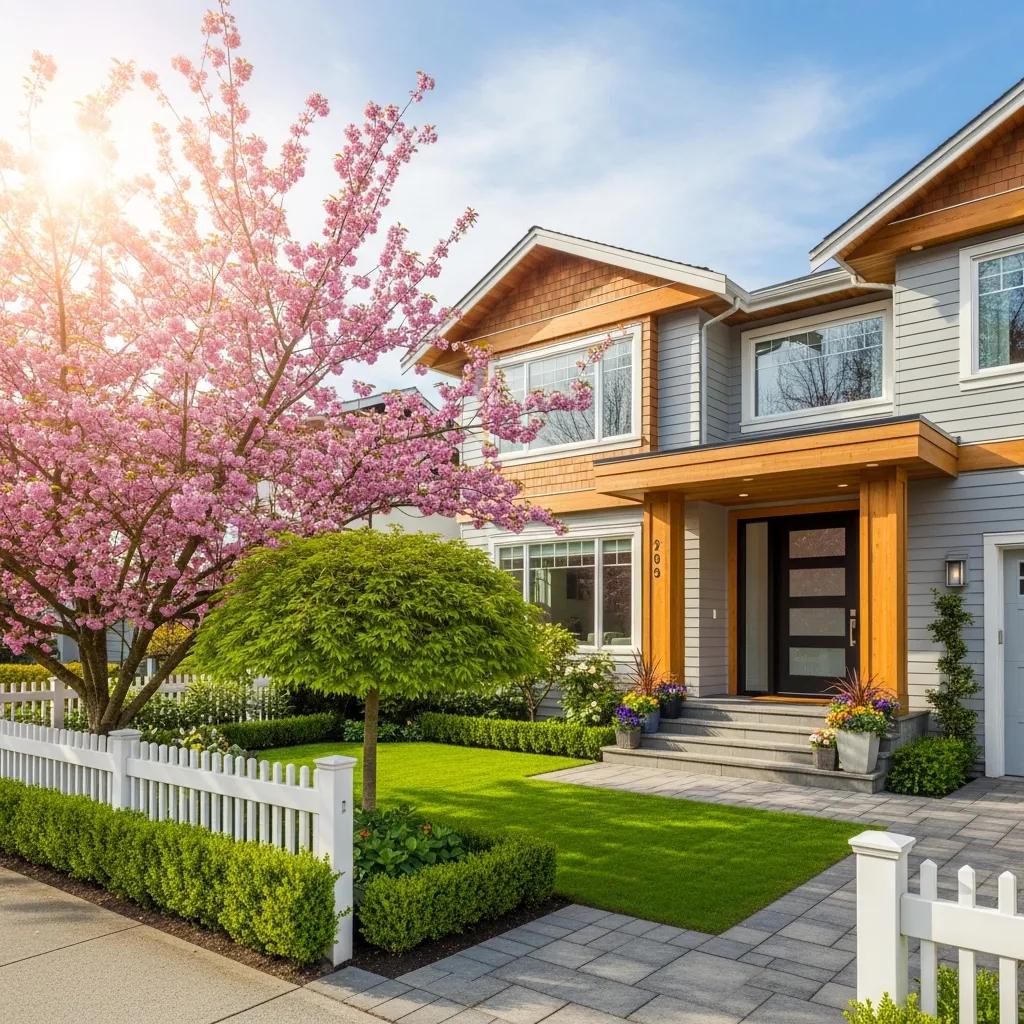 Vancouver home exterior in spring, featuring blooming cherry blossom tree, lush greenery, and modern architecture, emphasizing home renovation potential.