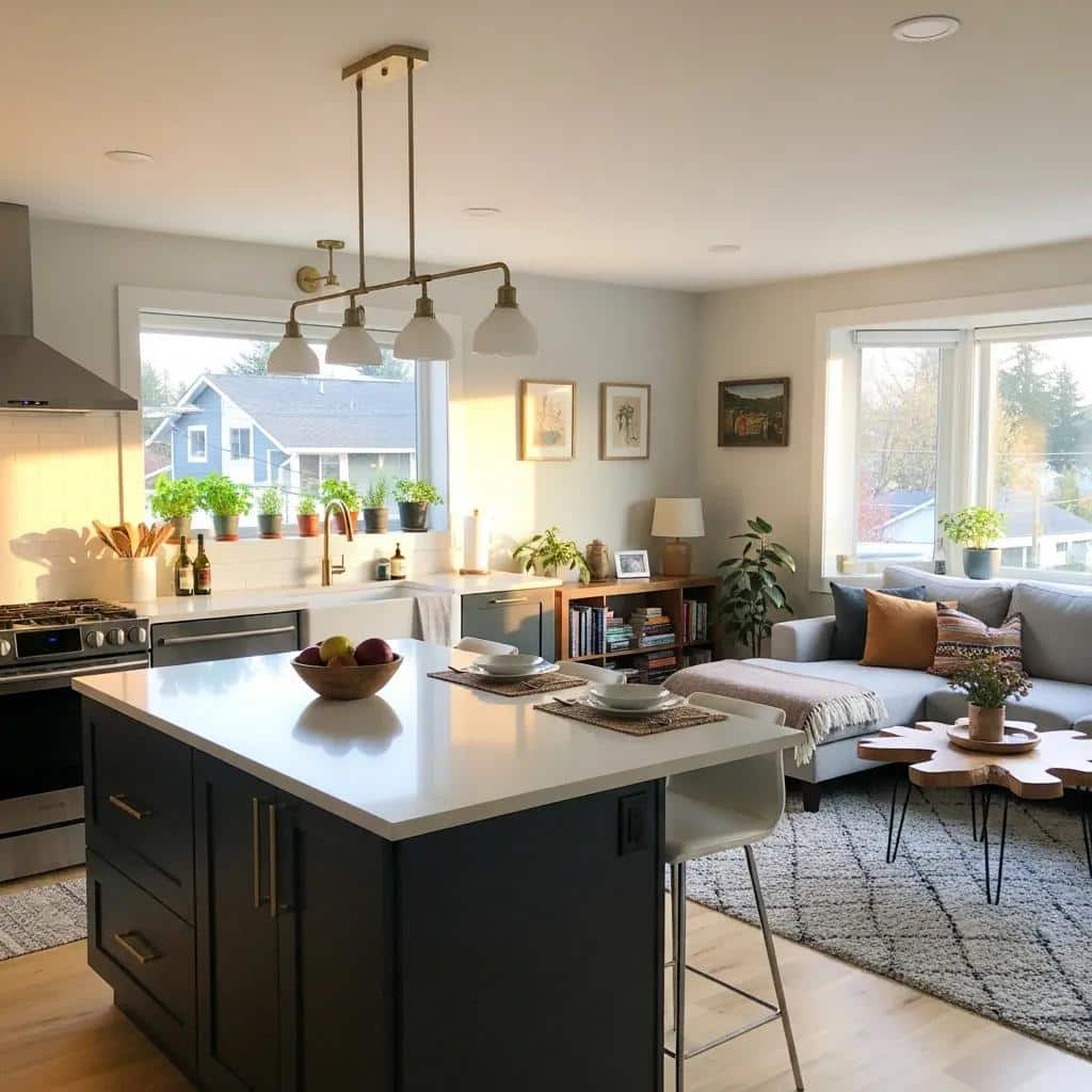 Beautifully renovated modern kitchen with an island, cozy living space featuring a sofa, natural light from large windows, and decorative plants, showcasing home renovation potential in Port Coquitlam, BC.