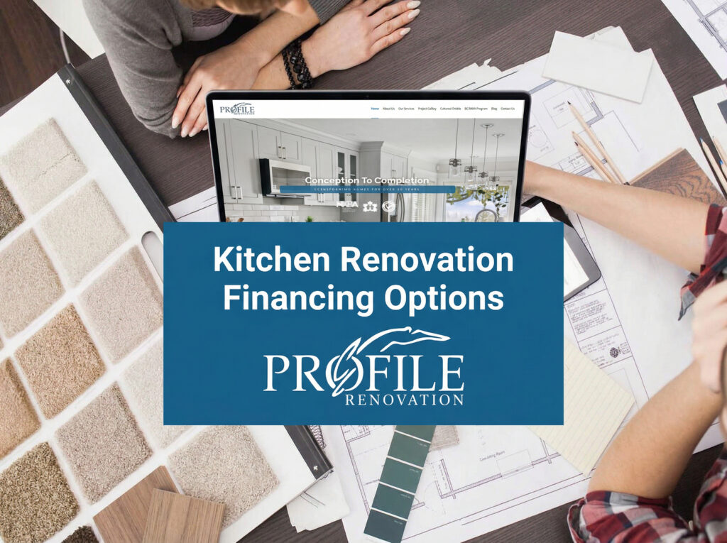 Kitchen renovation financing options displayed on a laptop with design materials and samples, featuring the Profile Renovation logo.