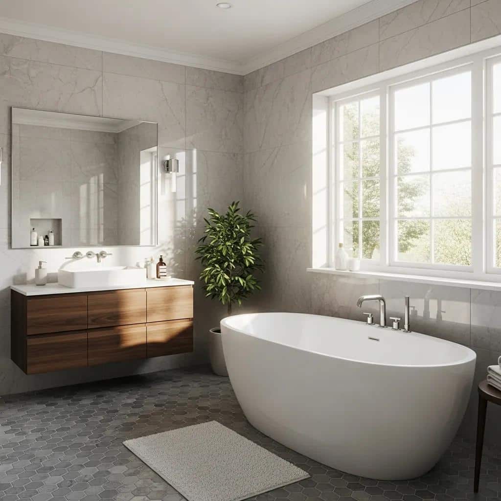 Luxurious bathroom renovation featuring a modern freestanding bathtub, sleek wooden vanity with a vessel sink, large mirror, and natural light from windows, set in a stylish, contemporary design in Langley, BC.