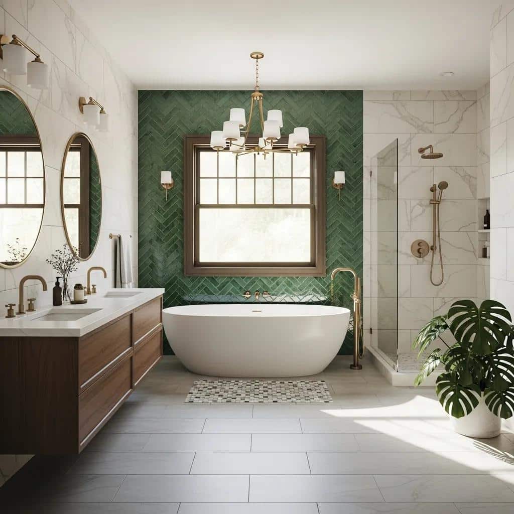Luxurious renovated bathroom featuring modern fixtures, freestanding bathtub, dual sinks, natural light, green herringbone accent wall, and stylish decor in White Rock, BC.