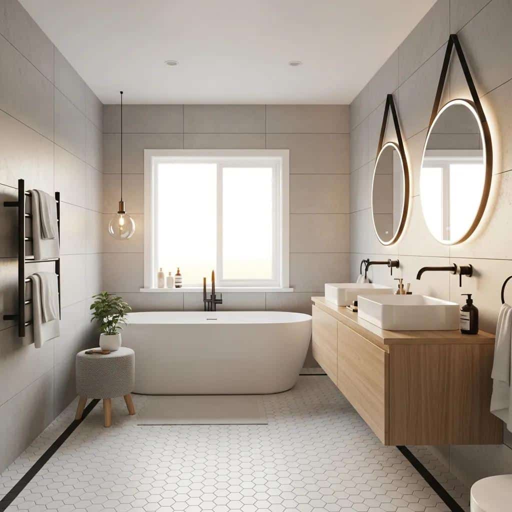 Modern bathroom renovation featuring elegant fixtures, natural light, freestanding bathtub, dual sinks, and minimalist design elements in Abbotsford, BC.