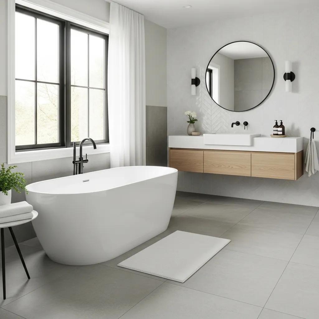 Modern bathroom featuring a freestanding white tub, elegant fixtures, natural light from large windows, and minimalist design with wood accents and a circular mirror, highlighting renovation trends in New Westminster, BC.