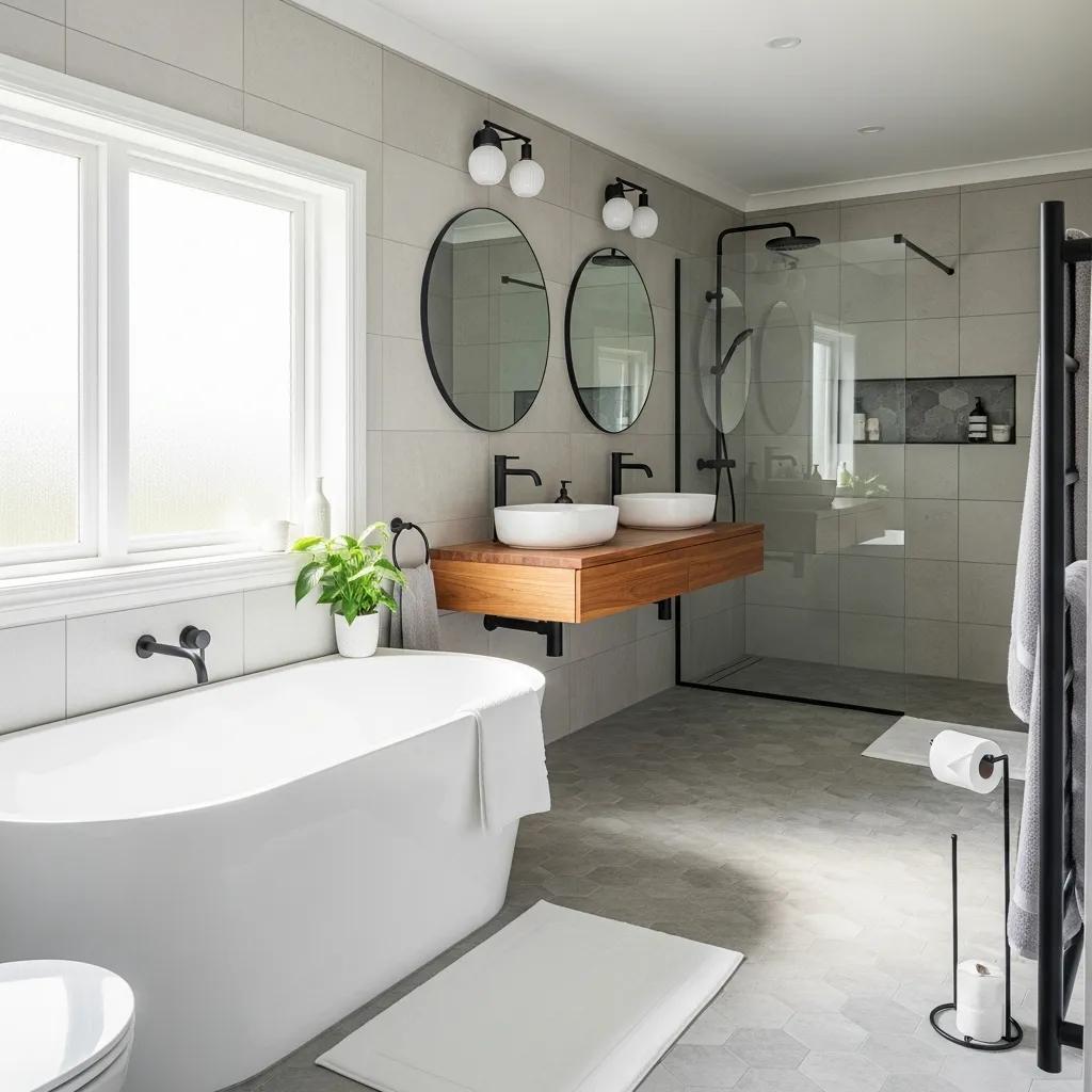 Modern bathroom renovation featuring elegant fixtures, natural light, dual vessel sinks on a wooden vanity, round mirrors, a glass shower enclosure, and a freestanding bathtub, reflecting contemporary design trends in Port Coquitlam.