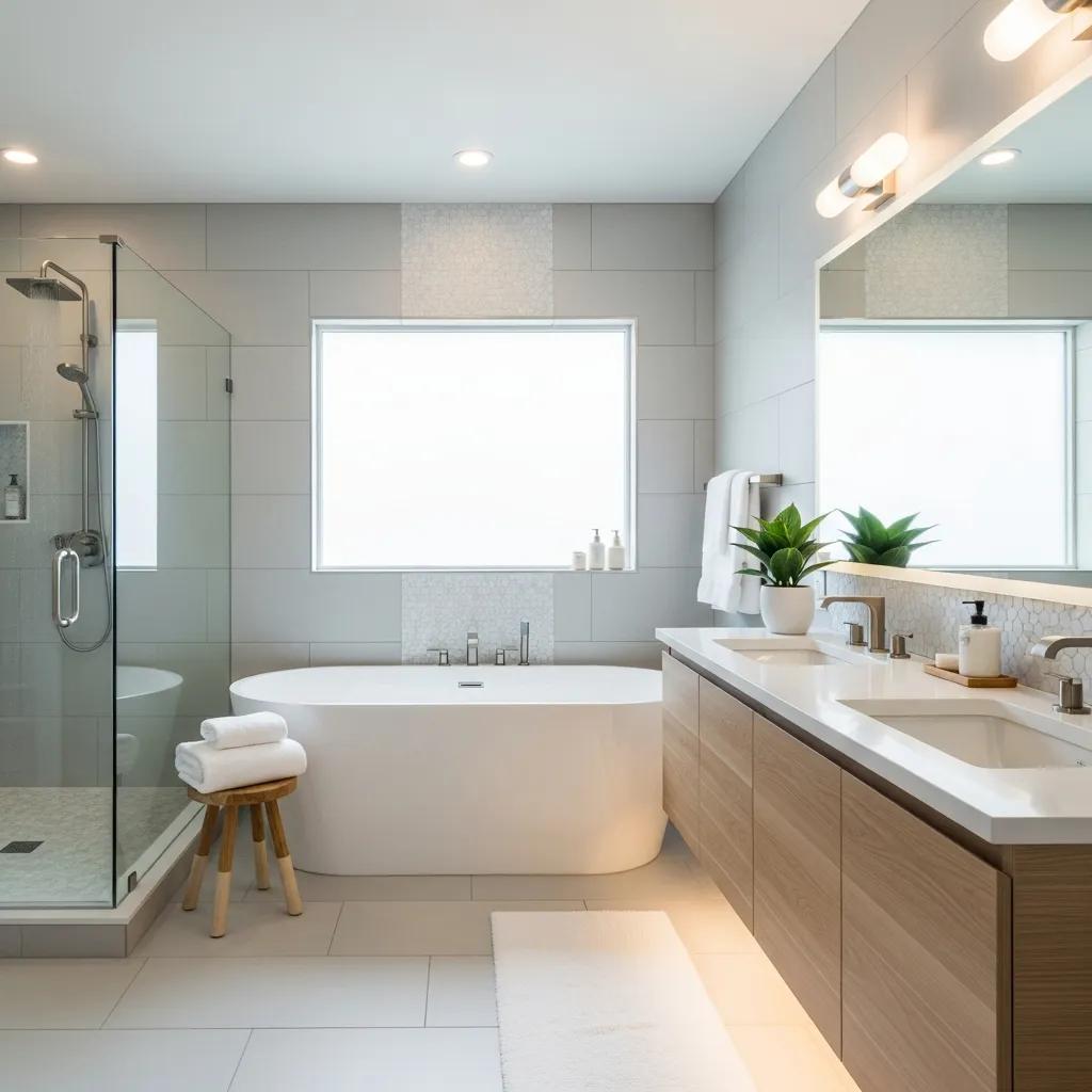 Modern bathroom renovation featuring elegant fixtures, a freestanding bathtub, glass shower, double vanity, and stylish design elements in a bright, spacious layout.