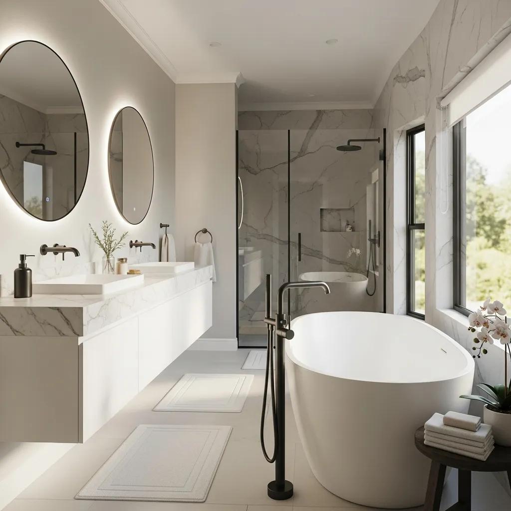 Modern bathroom renovation featuring a freestanding tub, cultured marble accents, dual sinks with round mirrors, and a glass shower, showcasing a stylish and functional design in Maple Ridge, BC.