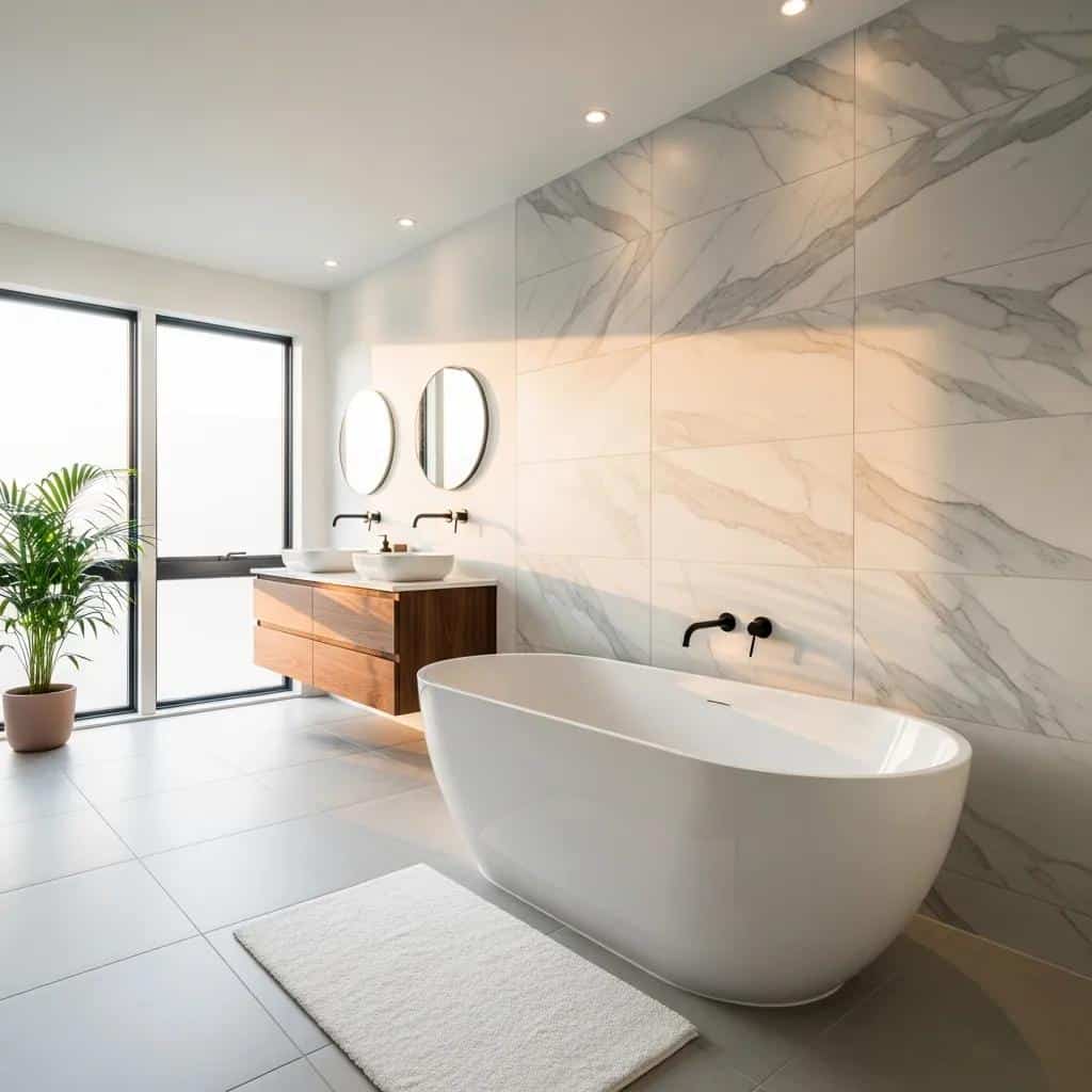 Modern bathroom renovation featuring a freestanding tub, stylish fixtures, dual sinks, and large windows, emphasizing design and functionality in Pitt Meadows, BC.