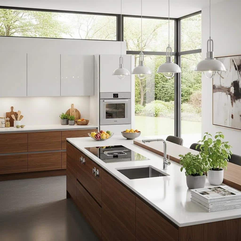 Modern kitchen design featuring custom cabinetry, modular elements, and a bright, open layout with large windows, showcasing a blend of functionality and aesthetics.