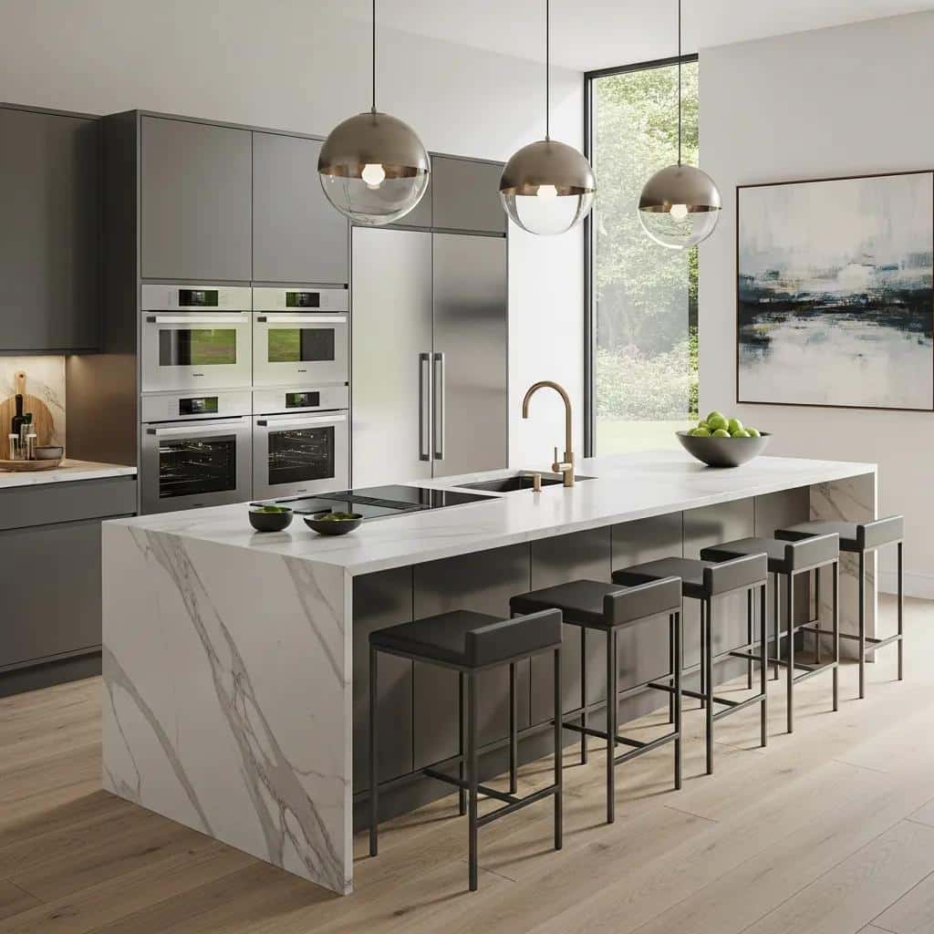 Modern kitchen design in Maple Ridge featuring sleek cabinetry, marble island, stainless steel appliances, and bright natural light.