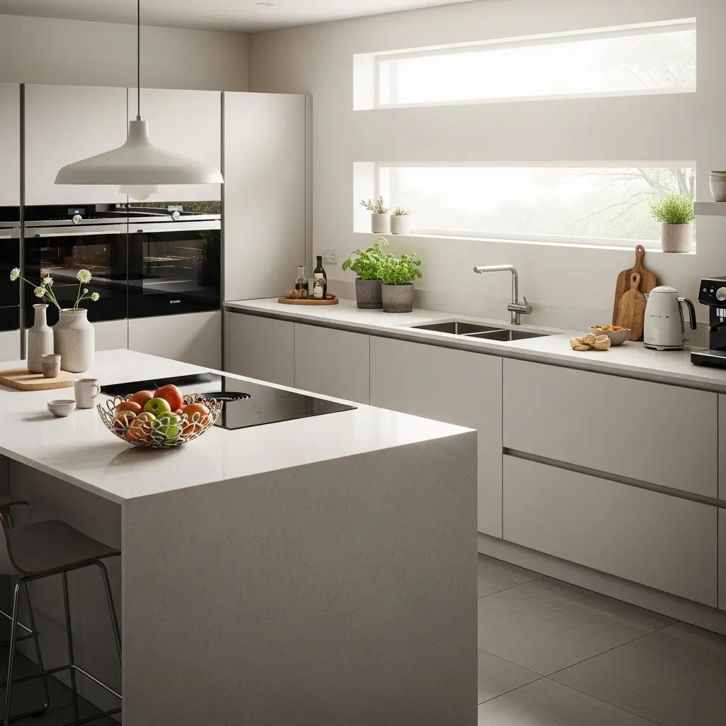 Modern kitchen design featuring sleek cabinetry, bright natural light, and a central island with a bowl of colorful fruits, reflecting contemporary renovation trends in Langley, BC.
