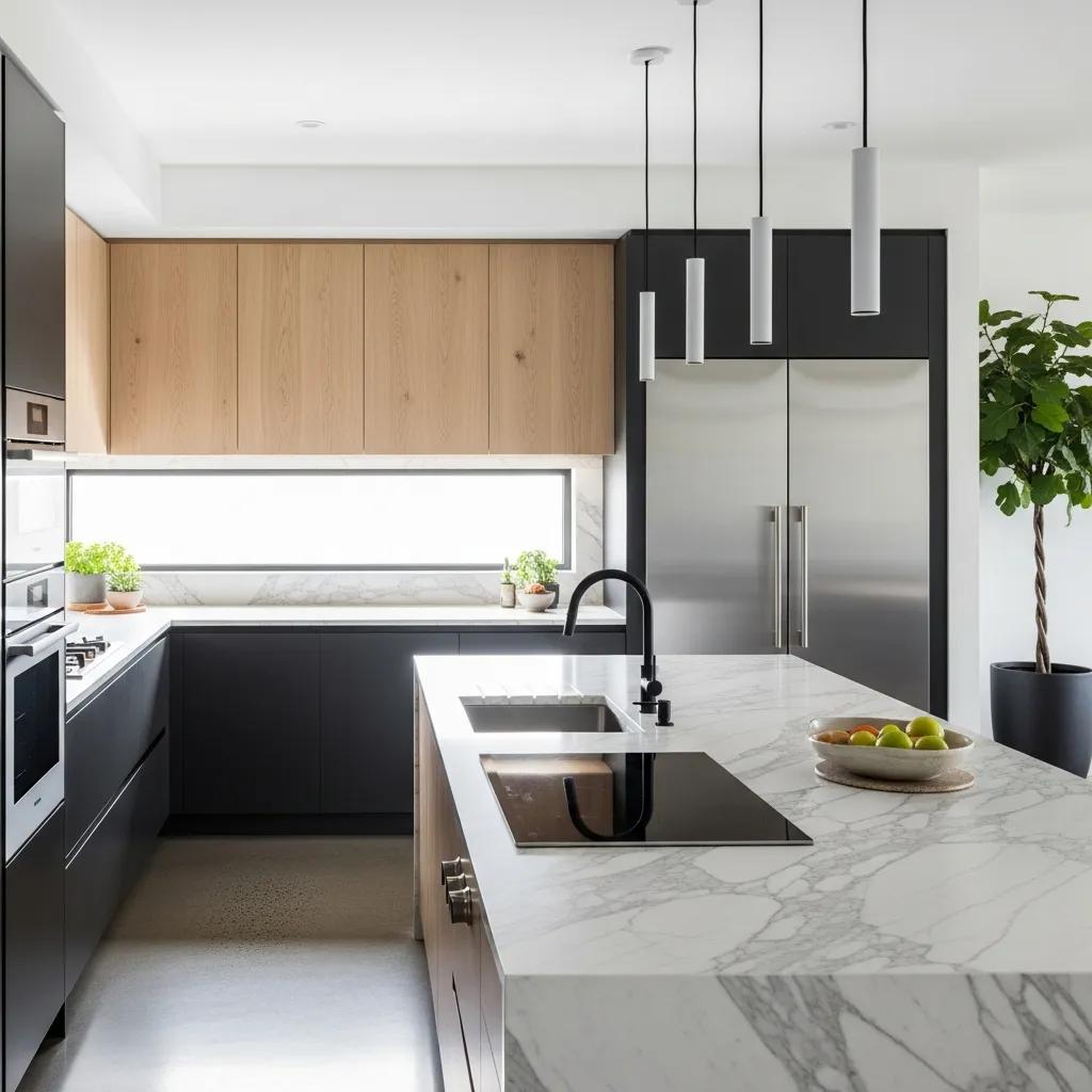 Modern kitchen design featuring sleek cabinetry, elegant marble countertops, stainless steel appliances, and natural light from a large window, reflecting contemporary renovation trends in Abbotsford, BC.