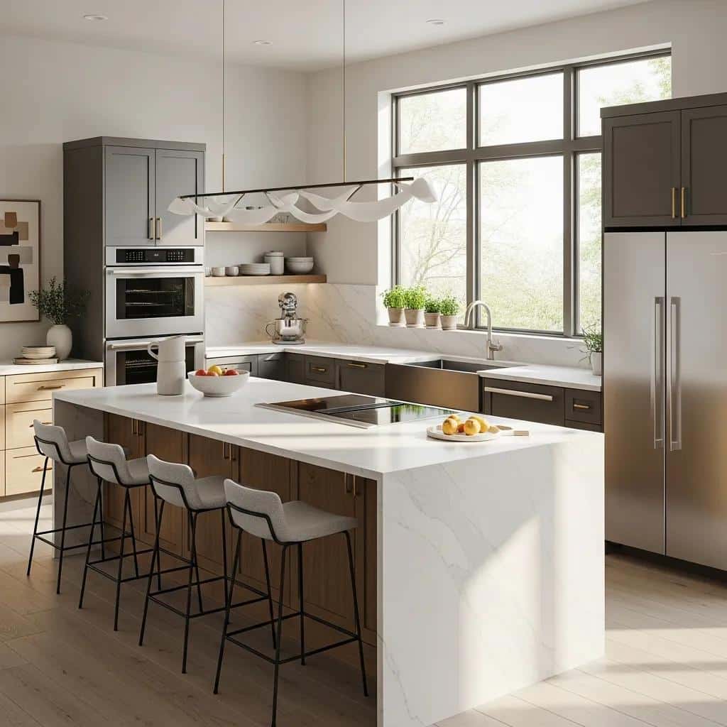 Modern kitchen design featuring sleek cabinetry, spacious island with bar stools, and large windows providing natural light, ideal for kitchen renovations in Coquitlam.