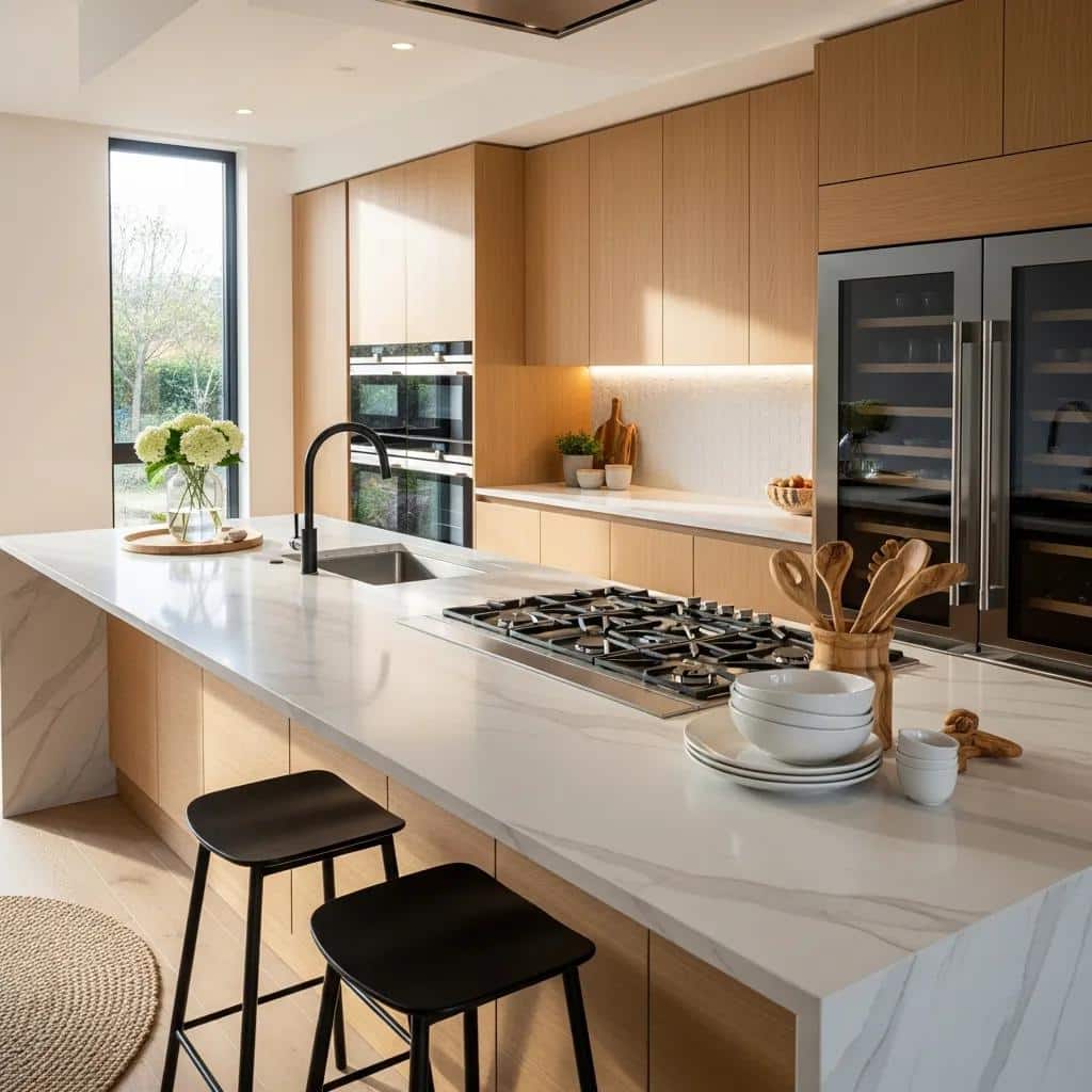 Modern kitchen design featuring spacious layout, contemporary appliances, marble countertop, and stylish wooden cabinetry, ideal for kitchen renovations in Port Coquitlam.