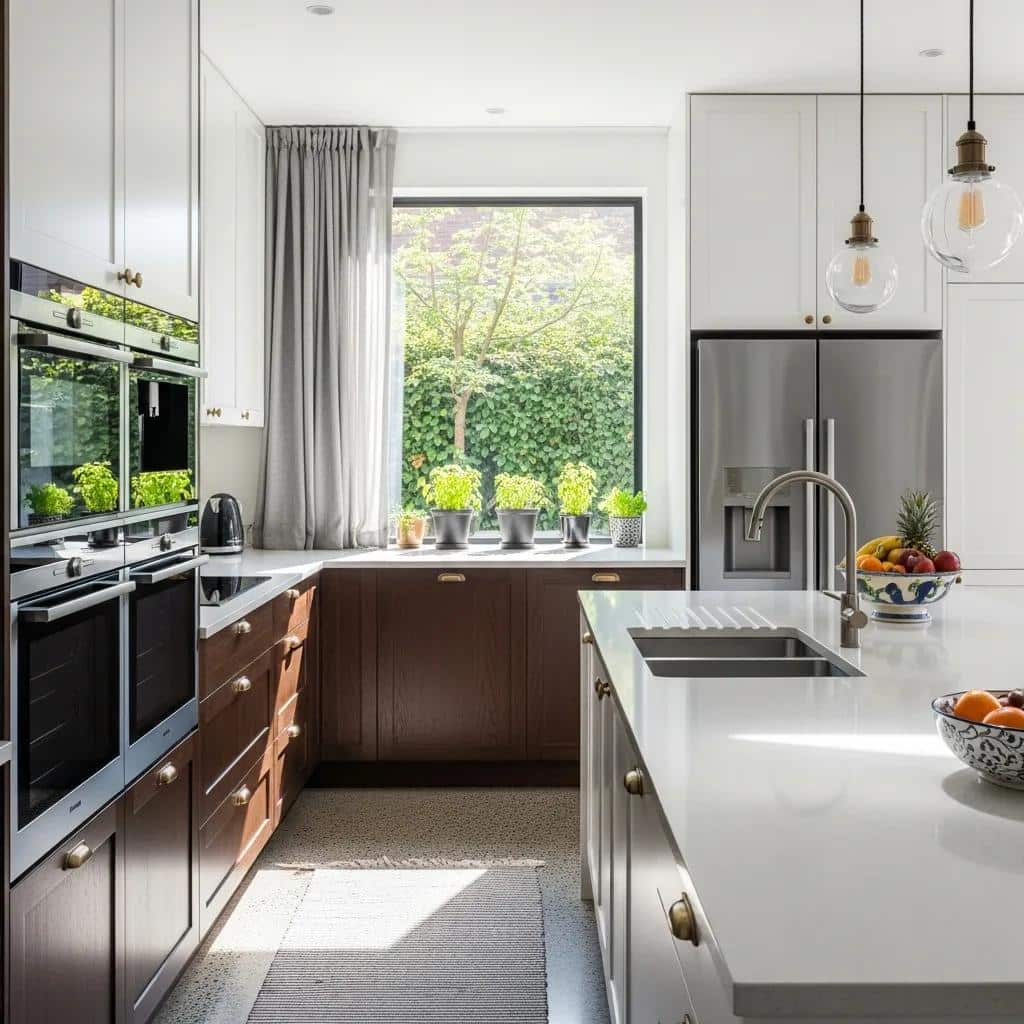 Modern kitchen renovation in Langley featuring stylish cabinetry, sleek appliances, and a bright window with potted plants, showcasing functionality and aesthetic appeal.