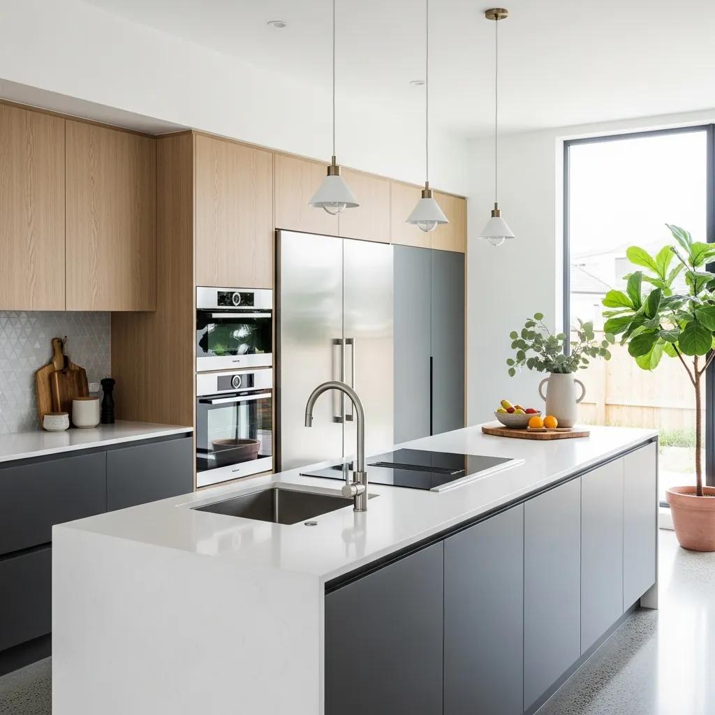 Modern kitchen renovation featuring sleek cabinetry, stainless steel appliances, and a spacious island with a sink, enhanced by natural light and greenery.