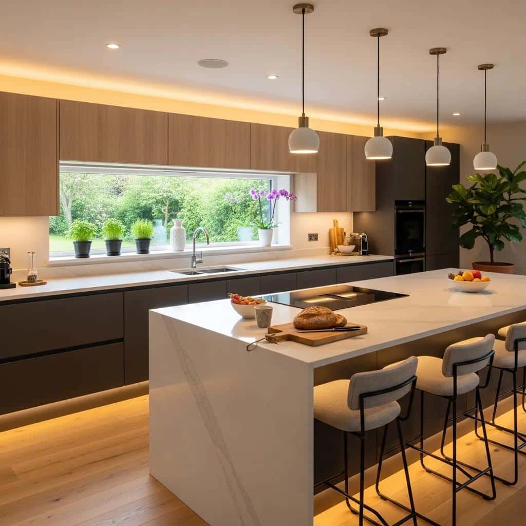 Modern kitchen renovation featuring elegant cabinetry, stylish countertops, and a spacious island with seating, surrounded by natural light and greenery.