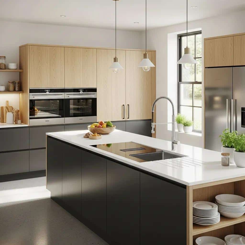 Modern kitchen renovation featuring sleek cabinetry, stylish appliances, and a central island with a fruit bowl, emphasizing functionality and aesthetics in New Westminster, BC.