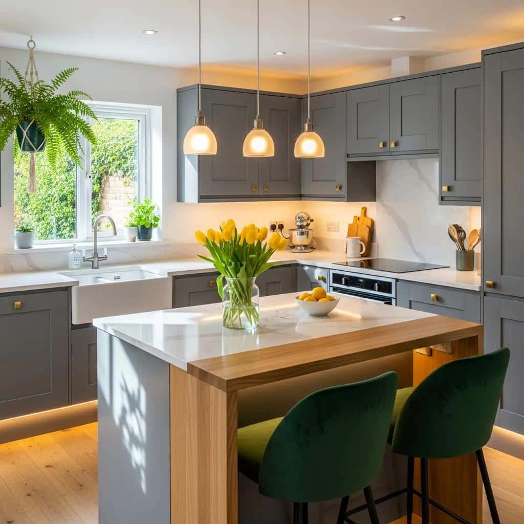 Modern kitchen renovation featuring stylish gray cabinetry, marble countertops, pendant lighting, and a cozy breakfast bar with green stools, accented by fresh flowers and fruit.