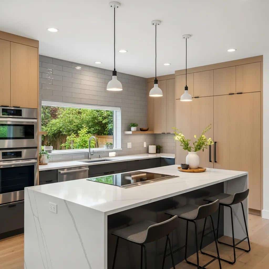Modern kitchen renovation featuring stylish cabinetry, sleek countertops, and a spacious island with seating, emphasizing functionality and contemporary design in Surrey, BC.