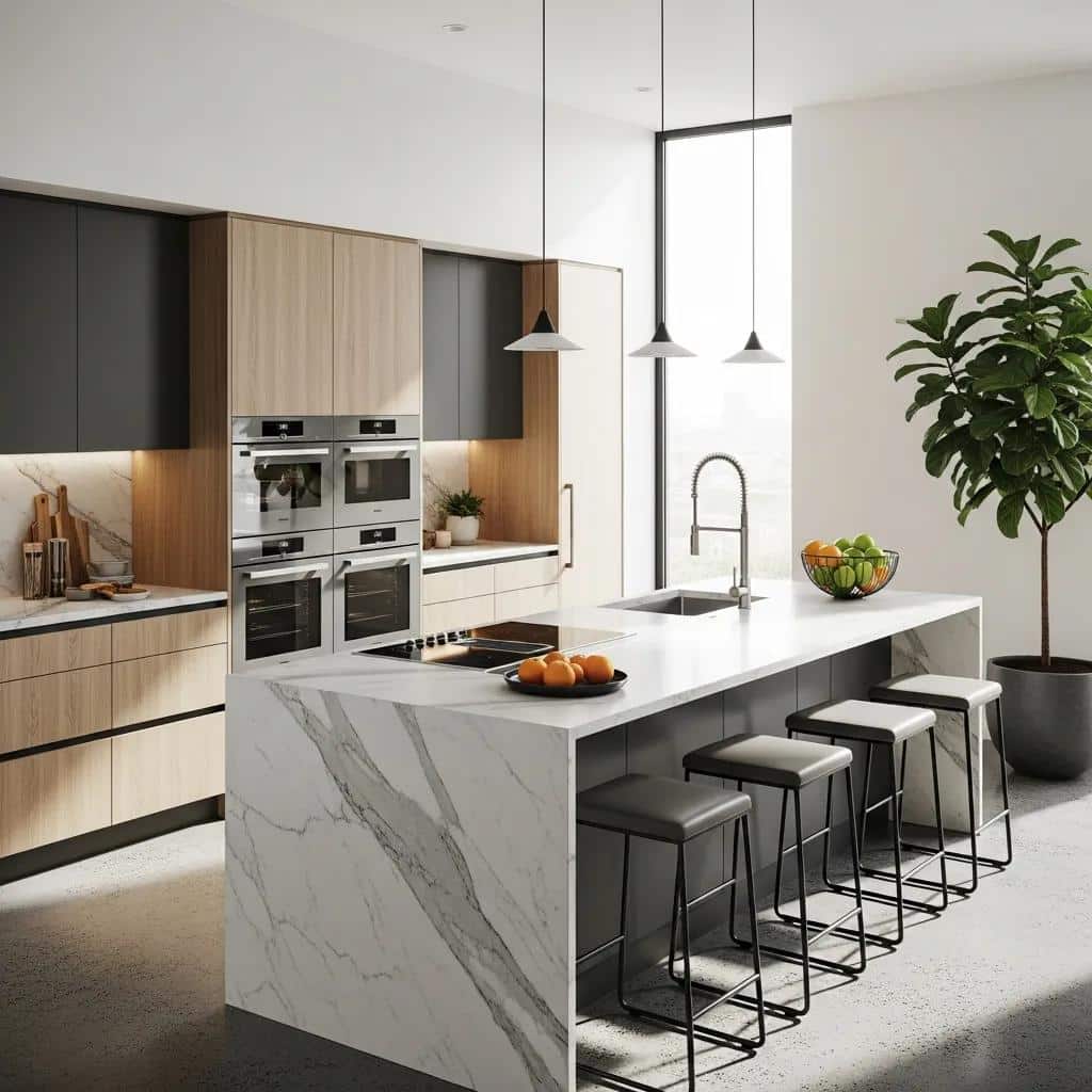Modern kitchen renovation featuring stylish cabinetry, a marble island, sleek appliances, and an inviting atmosphere with natural light and greenery.