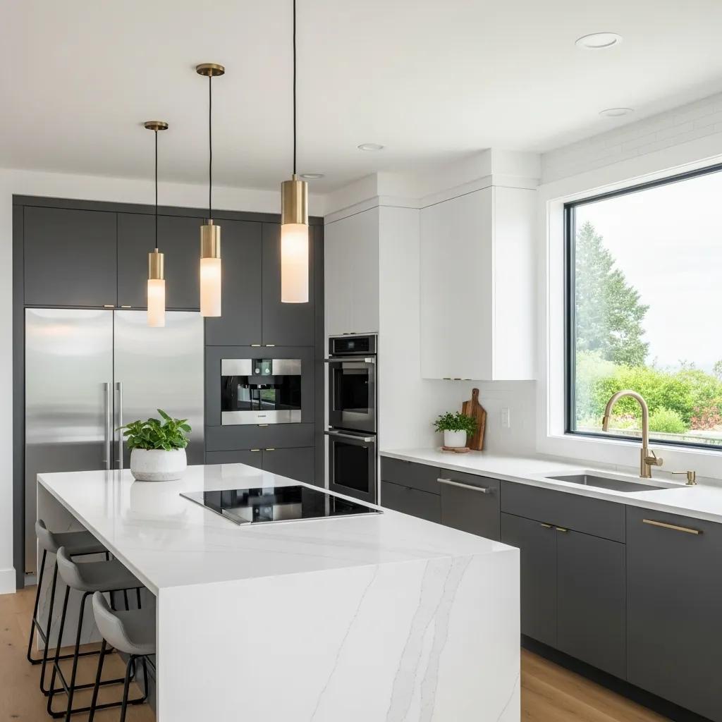 Modern kitchen renovation featuring sleek gray cabinetry, bright natural light, and elegant pendant lighting over a white marble island, highlighting functionality and aesthetics.