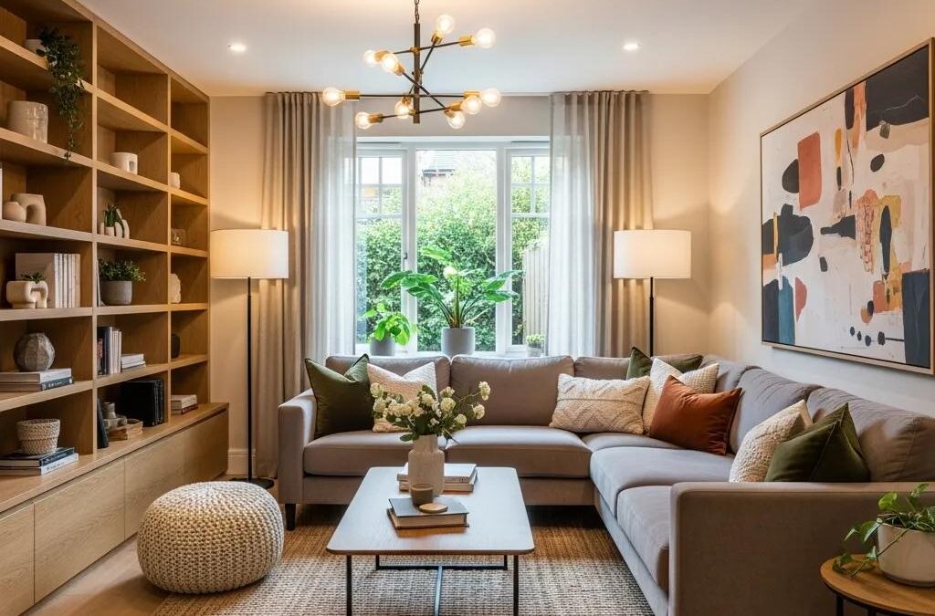 Modern living room featuring quality craftsmanship, cozy sectional sofa with decorative pillows, wooden shelving with plants and books, and an inviting atmosphere illuminated by stylish lighting fixtures.